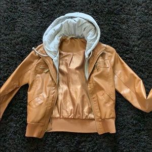 Brown leather cropped bomber jacket